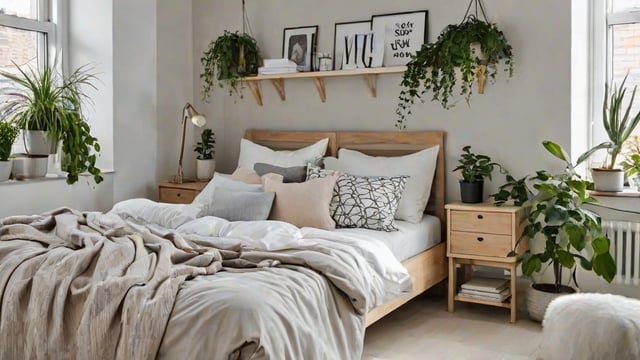 A bedroom with a wooden bed and a shelf above it, featuring a white comforter and black and white pillows.