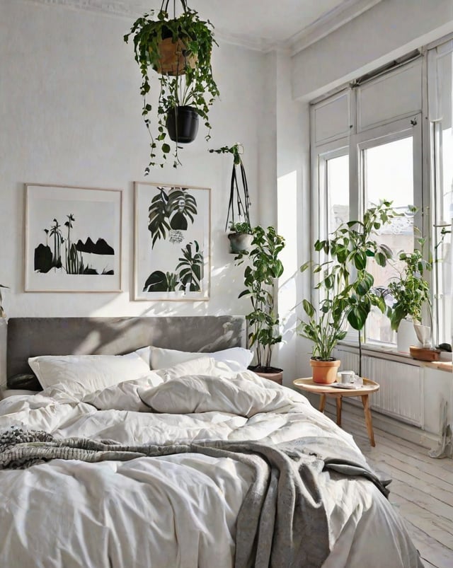 Scandinavian bedroom with a large bed, potted plants, and a window