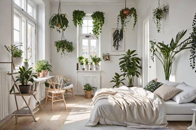 Scandinavian bedroom with a bed, chair, and potted plants. The room is decorated with hanging plants and features a white bed with a white blanket.