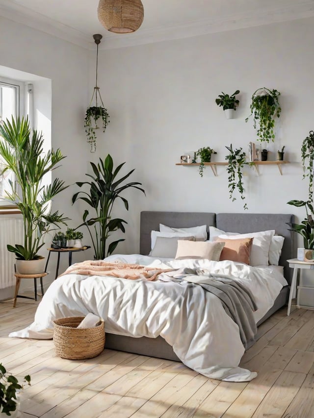 Scandinavian-inspired bedroom with a white bed and potted plants