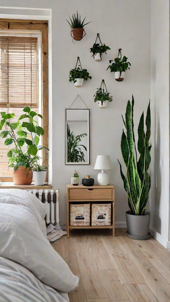 Scandinavian bedroom with white bed, dresser, and potted plants