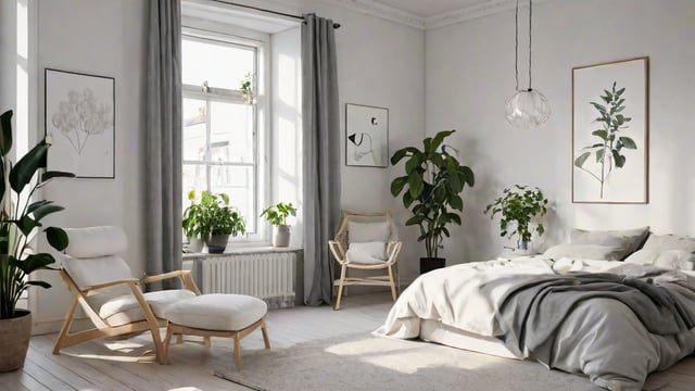 Scandinavian style bedroom with a large bed, chair, and couch. The room is decorated with several potted plants and has sunlight streaming in through the window.