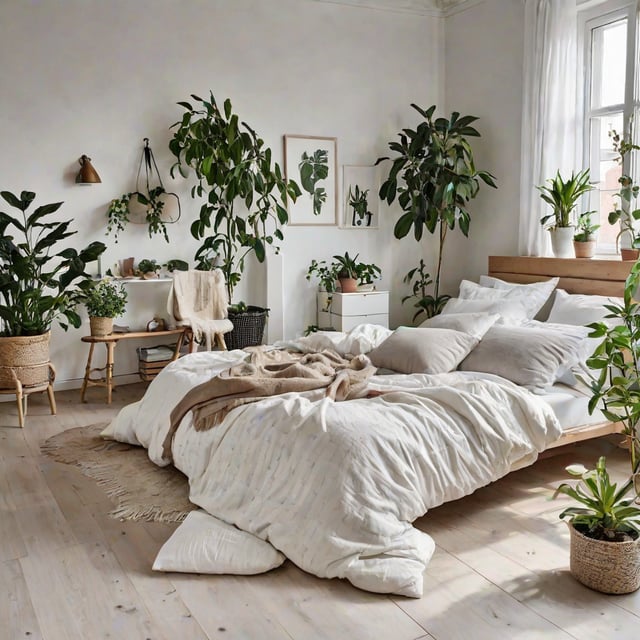 Scandinavian bedroom with a large bed and potted plants