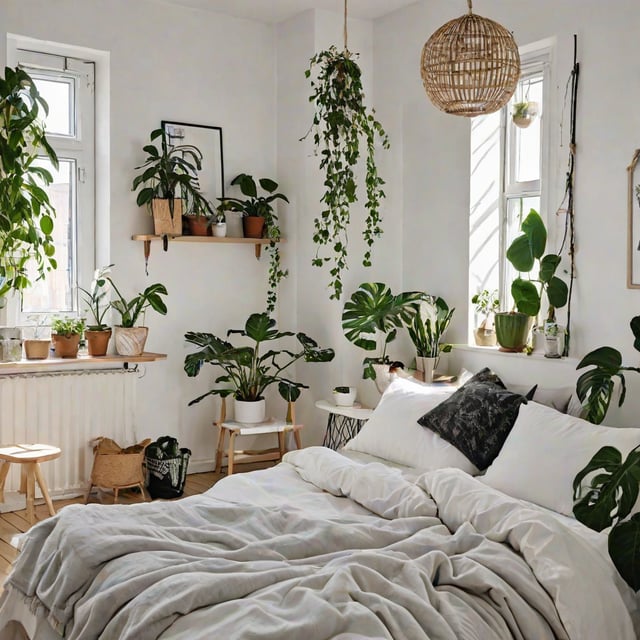 Scandinavian bedroom with white bed and many potted plants