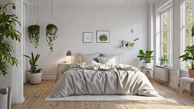 A bedroom with a large bed, white rug, and potted plants. The room has a Scandinavian design style.