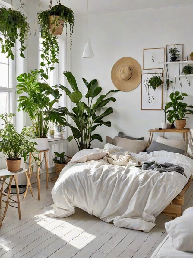 Scandinavian bedroom with a white bed and potted plants