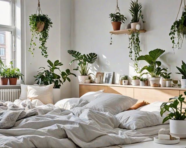 A bedroom with a bed and a shelf full of potted plants. The plants are hanging from the ceiling and the shelf. The room has a Scandinavian design style with white sheets and a white bed.