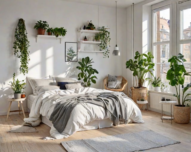 A cozy bedroom with a large bed, a chair, and multiple potted plants. The room has a Scandinavian design style, with white walls and a white bed. The bed is covered in a grey blanket, and there are several pillows on it.