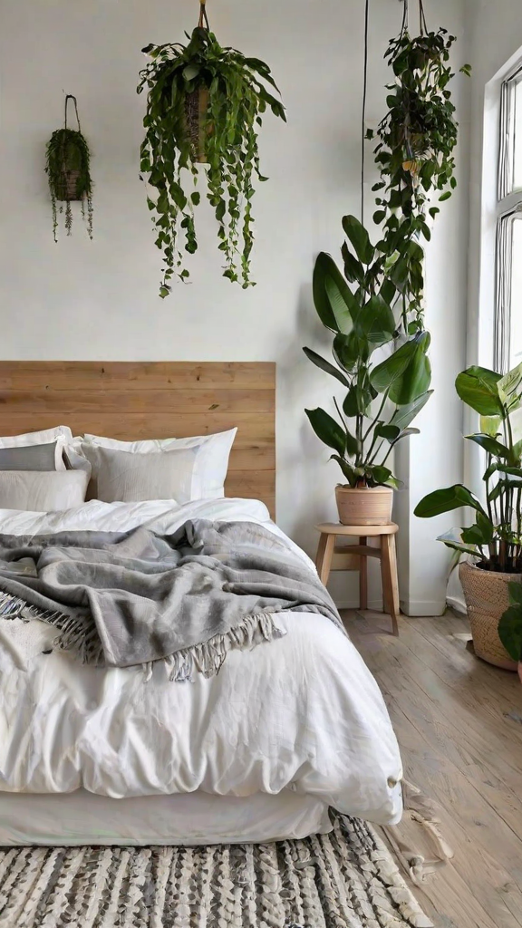 A bedroom with a neatly made bed, a potted plant, and a window. The bed is covered with a white comforter and a grey throw blanket.