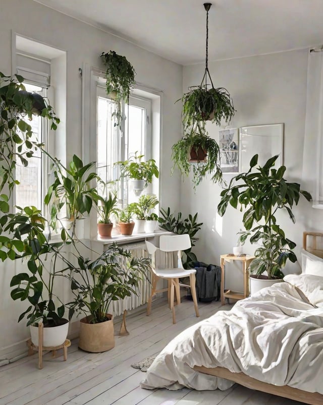 Scandinavian-style bedroom with a white bed, potted plants, and natural light from a window.