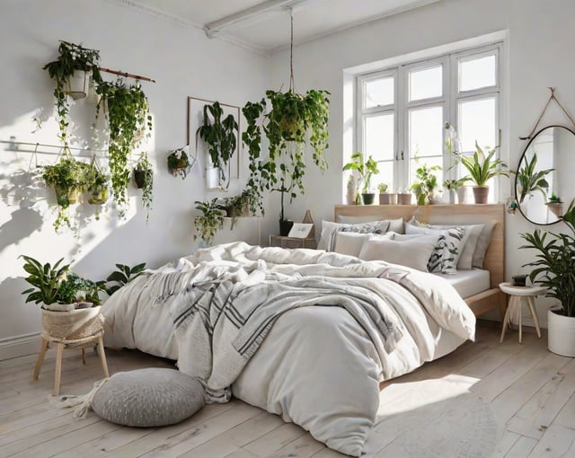 A bedroom with a large bed and many potted plants. The bed is covered in a white comforter and has a striped throw blanket. The room is decorated with various plants, including hanging plants and potted plants, creating a lush and green atmosphere.