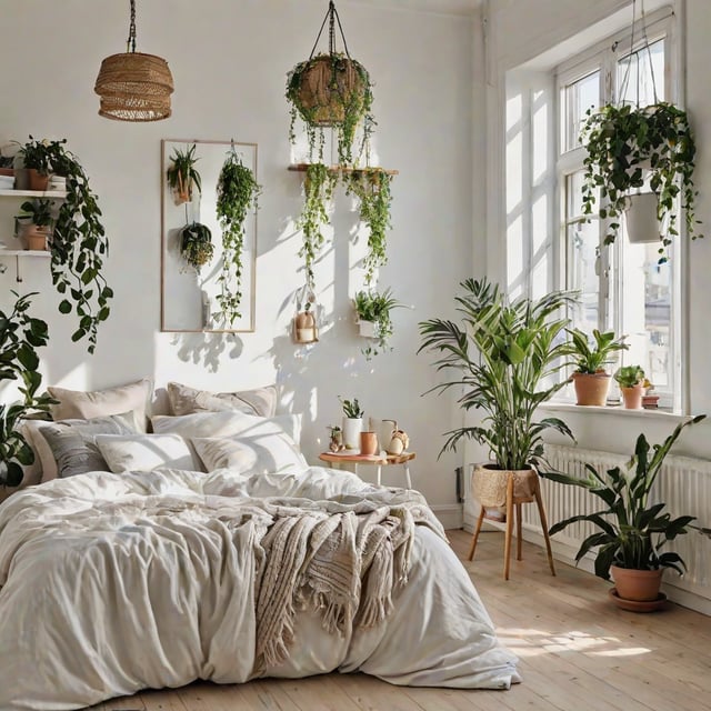 Scandinavian bedroom with a large bed, white sheets and pillows, and several potted plants.