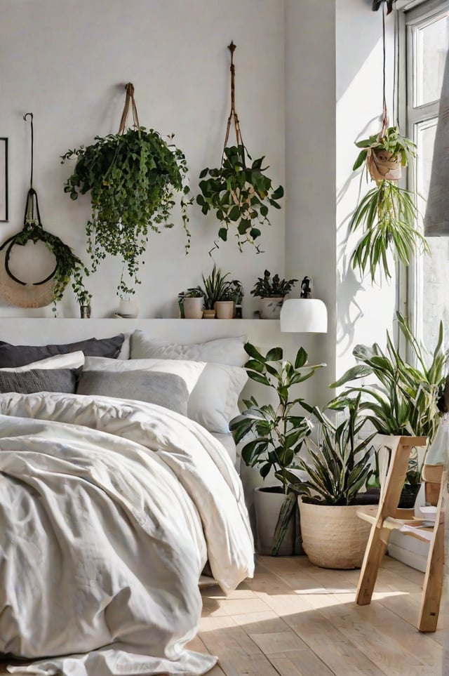 A bedroom with a white bed and several potted plants, creating a Scandinavian-style atmosphere.