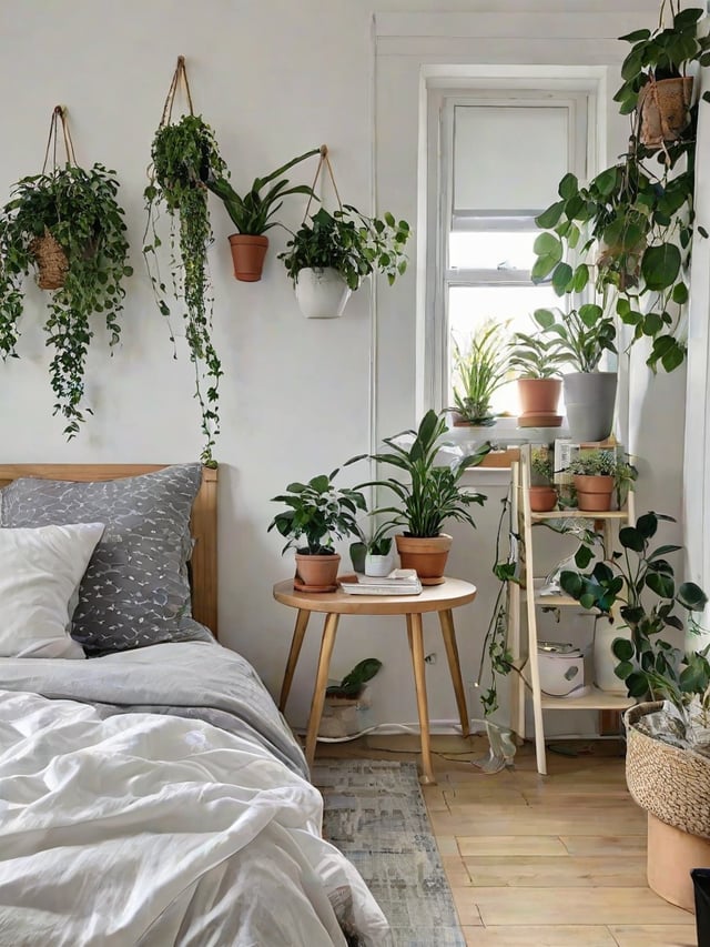 Scandinavian-inspired bedroom with a bed, table, and shelf adorned with potted plants.