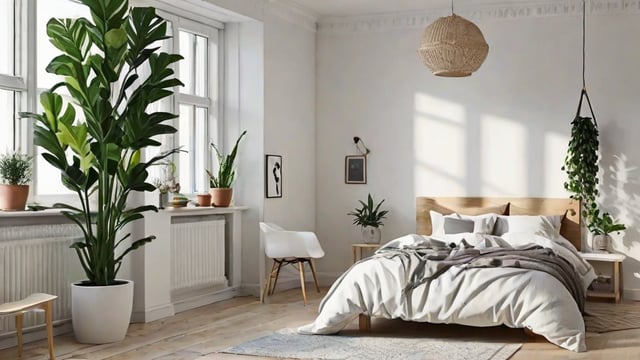 A bedroom with a white bed, a chair, and several potted plants. The room has a minimalist and Scandinavian design style.