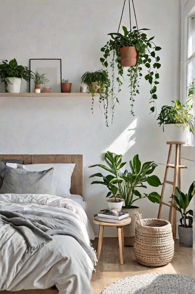 A bedroom with a bed, shelf, and hanging plants in a Scandinavian design style.