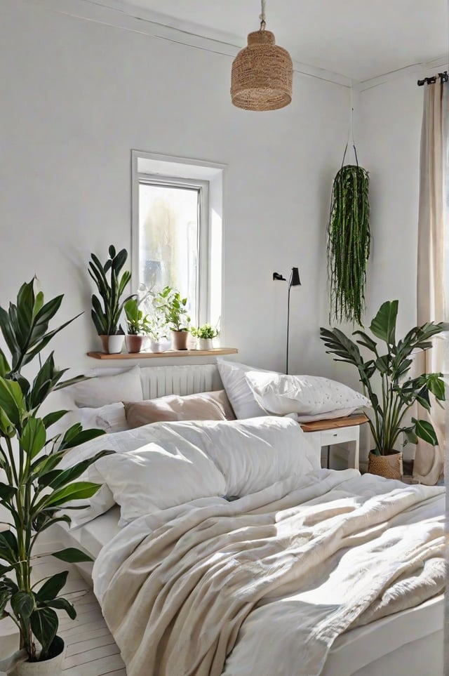 A white bed with pillows and plants in a Scandinavian style bedroom.