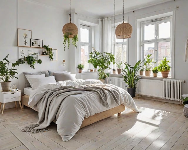 Scandinavian bedroom with a large bed and several potted plants