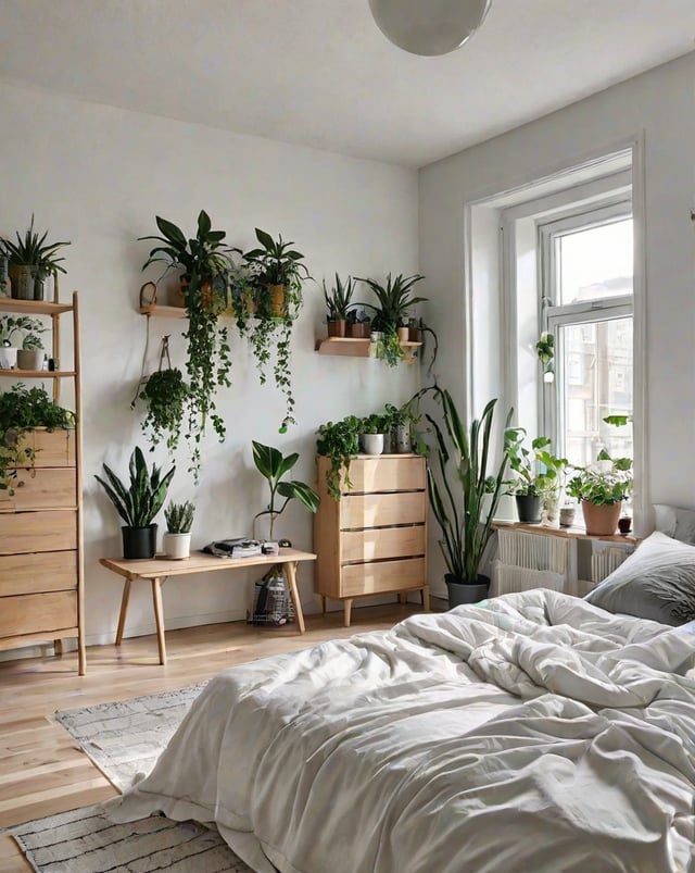 Bedroom with a bed, window, and potted plants. Scandinavian design style.