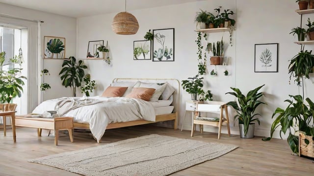 A bedroom with a large bed, a rug, and several potted plants. The room has a Scandinavian design style, with white walls and a minimalist approach to decoration.