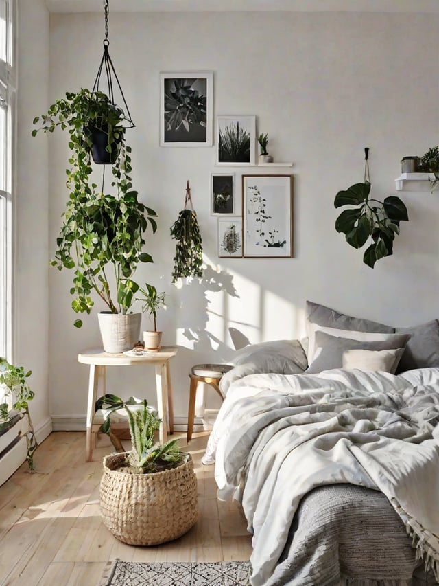 A cozy bedroom with a white bed and a variety of potted plants. The room has a Scandinavian design style with a white color scheme and minimalist decor.