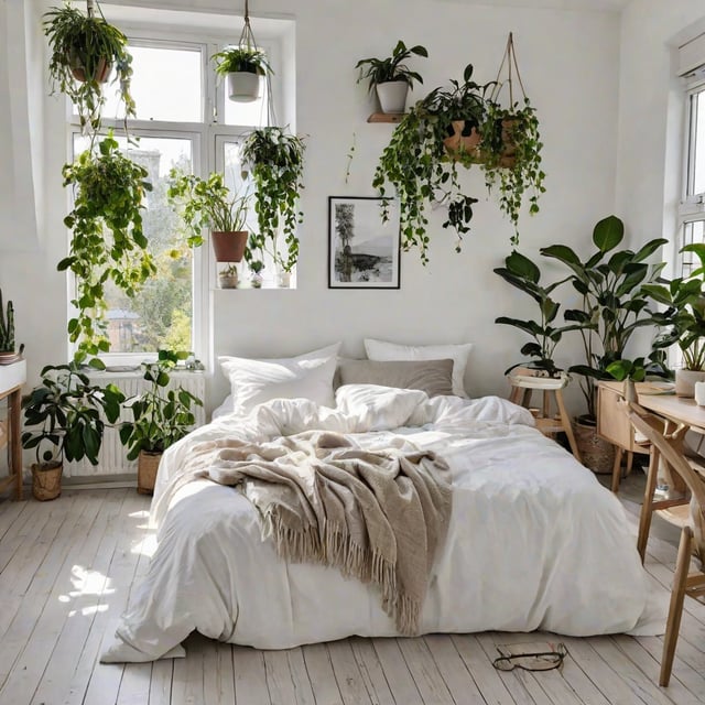 A cozy bedroom with a white bed and potted plants. The room is bright and inviting with a minimalist design.