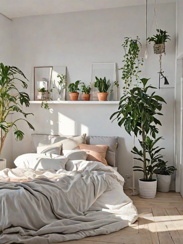 A bedroom with a white bed, potted plants, and natural lighting. The room has a Scandinavian design style.