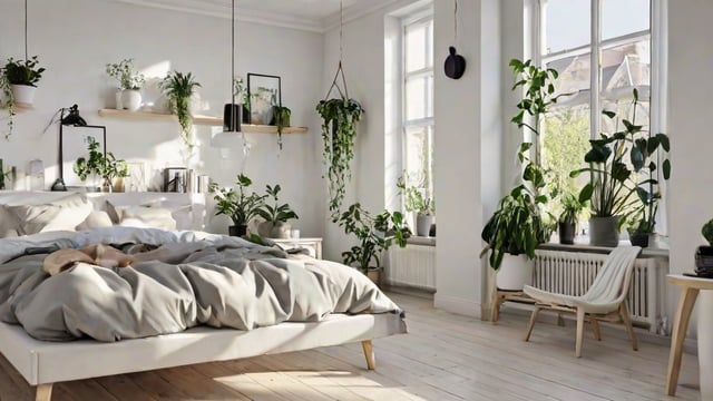 Scandinavian bedroom with a white bed, large window, and potted plants