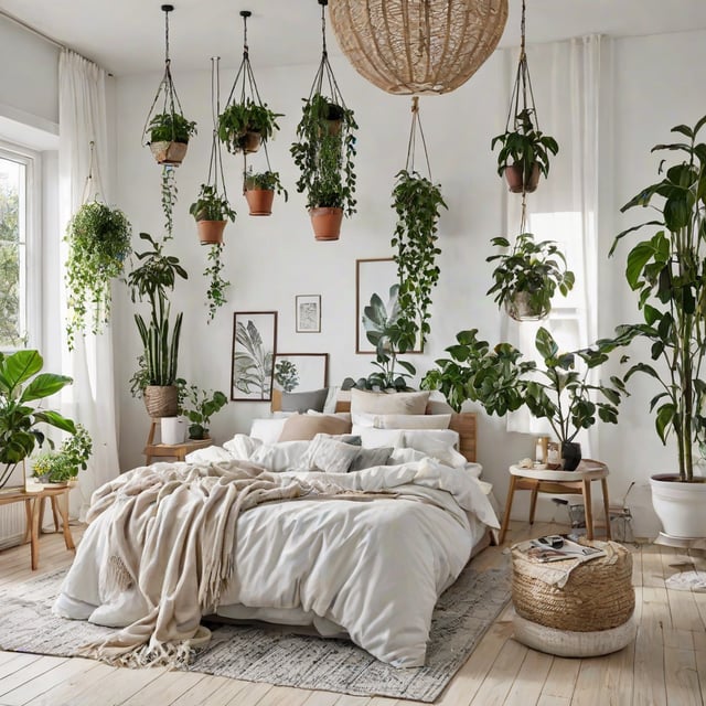 A white bedroom with a white bed and hanging plants. The room has a Scandinavian design style.