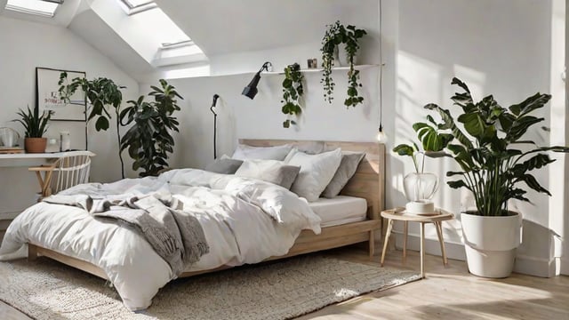 A bedroom with a large bed, wooden headboard, and multiple potted plants.