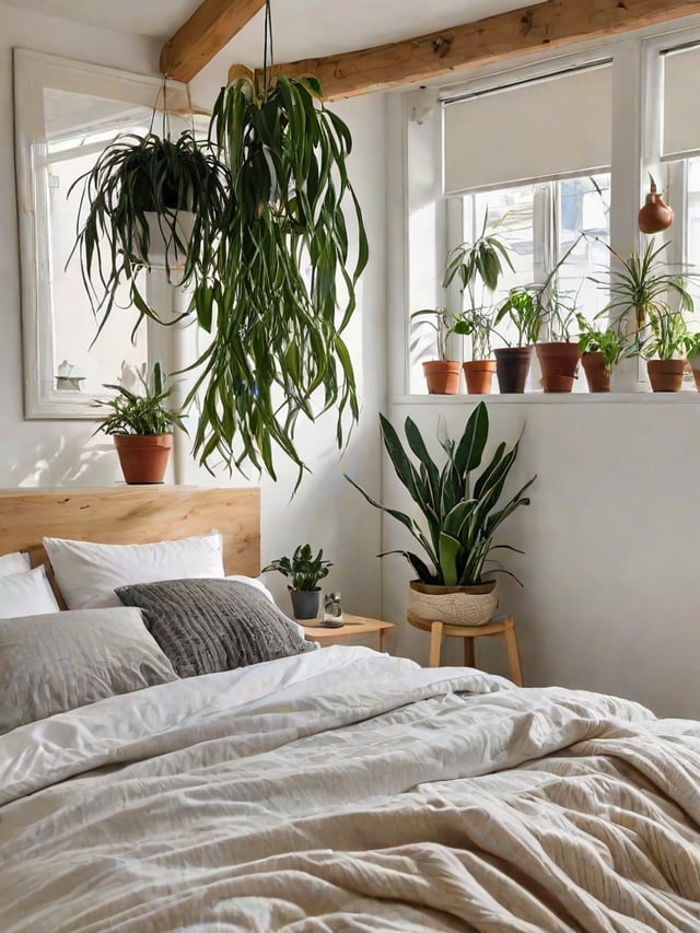 A bedroom with a white bed and a window, decorated with potted plants in a scandinavian style.