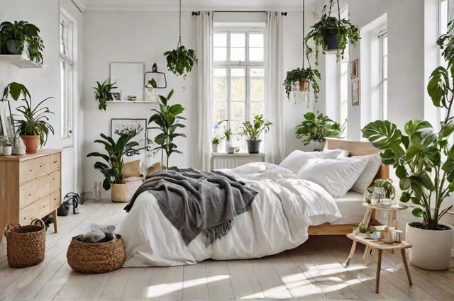 Scandinavian bedroom with a large bed and potted plants