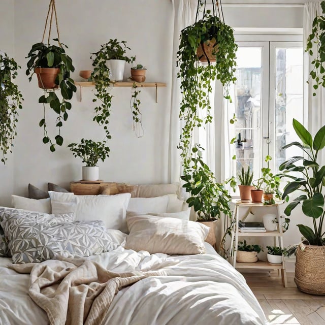 A bedroom with a white bed and a large window, decorated with potted plants and a Scandinavian design style.