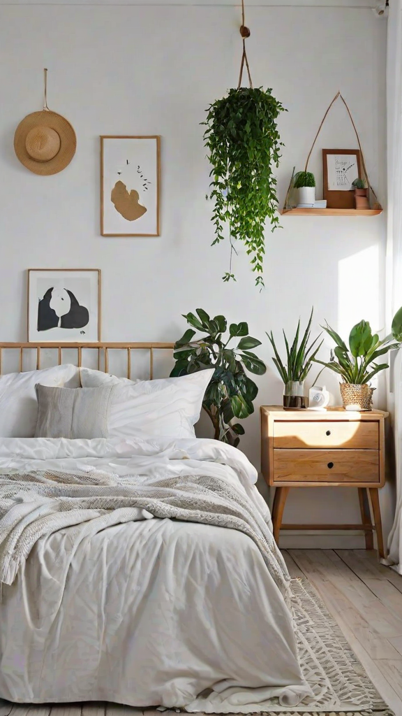 A cozy bedroom with a large bed, a nightstand, and a variety of potted plants. The bedroom has a Scandinavian design style, featuring white walls and a minimalist approach to decoration.