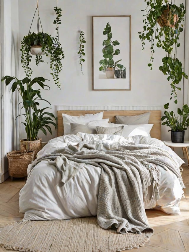 Scandinavian bedroom with a large bed, white comforter, blanket, potted plants, bench and chair