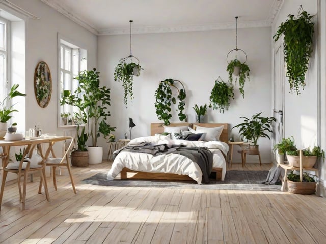 Scandinavian bedroom with a large bed and several potted plants