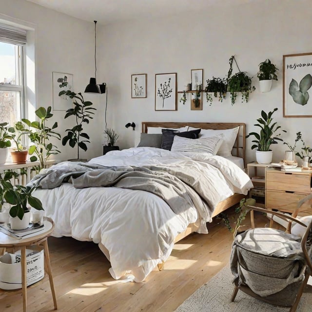 A bedroom with a large bed, wooden furniture, and many potted plants. The room has a Scandinavian design style with white walls and minimal decorations.