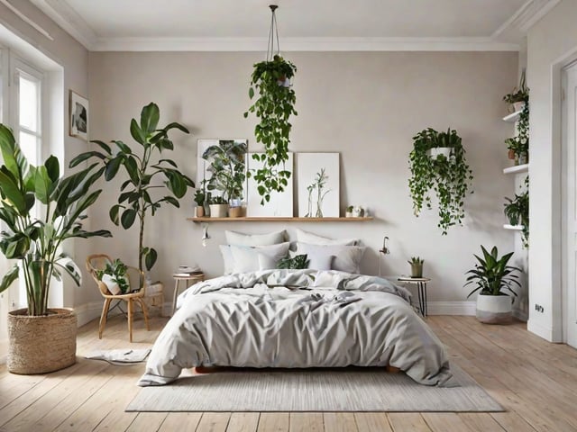 A bedroom with a large bed, a shelf with potted plants, and hanging plants. The room has a Scandinavian design style with a white color scheme and natural elements.