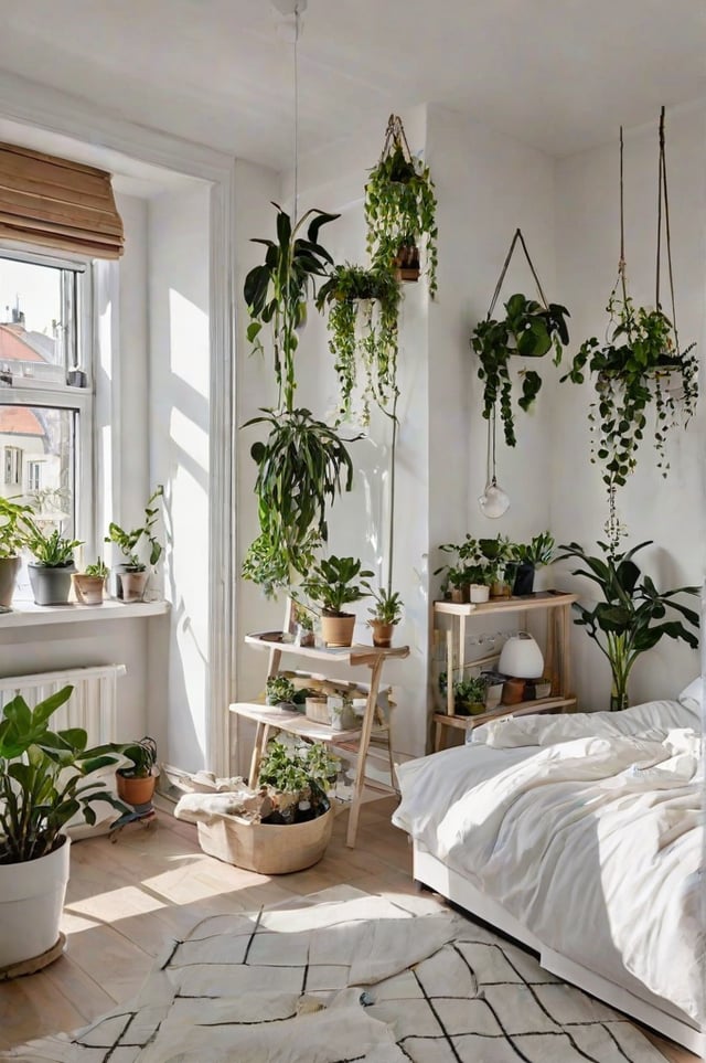 Scandinavian-inspired bedroom with a white bed and many potted plants