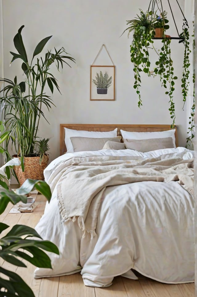 A bedroom with a large bed, wooden headboard, and hanging plants. The room has a Scandinavian design style.