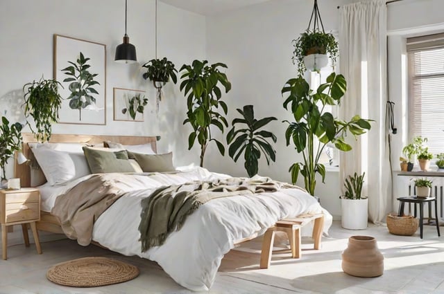 A bedroom with a large bed, a nightstand, and several potted plants. The bed is covered in white linens and has a cozy blanket on it. The room has a Scandinavian design style, with the use of white walls and minimal decorations. The potted plants add a touch of greenery and freshness to the space, creating a calming and inviting atmosphere.