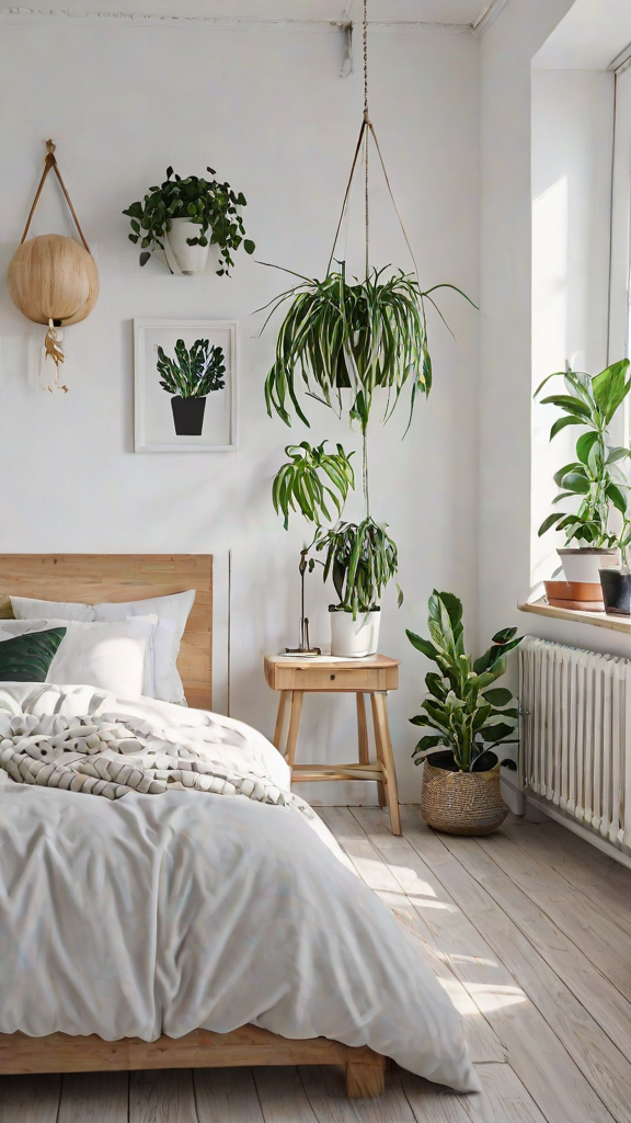 Scandinavian bedroom with a bed and several potted plants