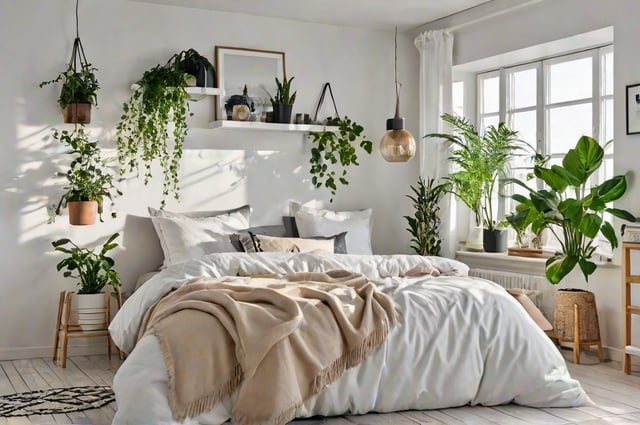 A cozy bedroom with a large bed, a white color scheme, and a variety of green plants. The bed is covered with a white comforter and blanket, and there are several pillows on it.