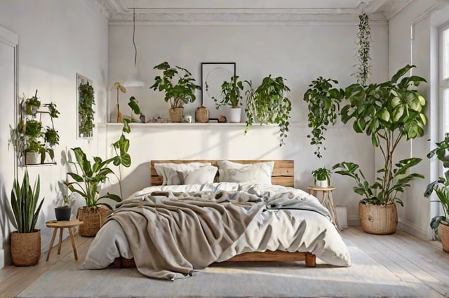 Bedroom with a large bed and several potted plants. The room has a Scandinavian design style.