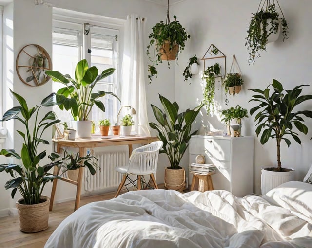 Scandinavian bedroom with a white bed and many potted plants