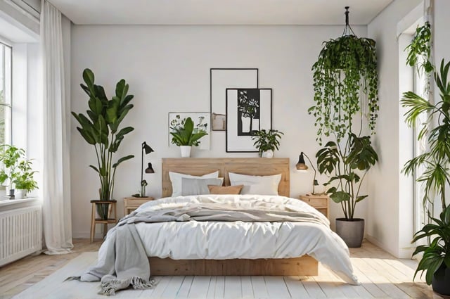 A bedroom with a large bed and a few potted plants. The bed is covered with a white comforter and has a wooden headboard. The room also features a few hanging plants, adding a touch of greenery to the space.