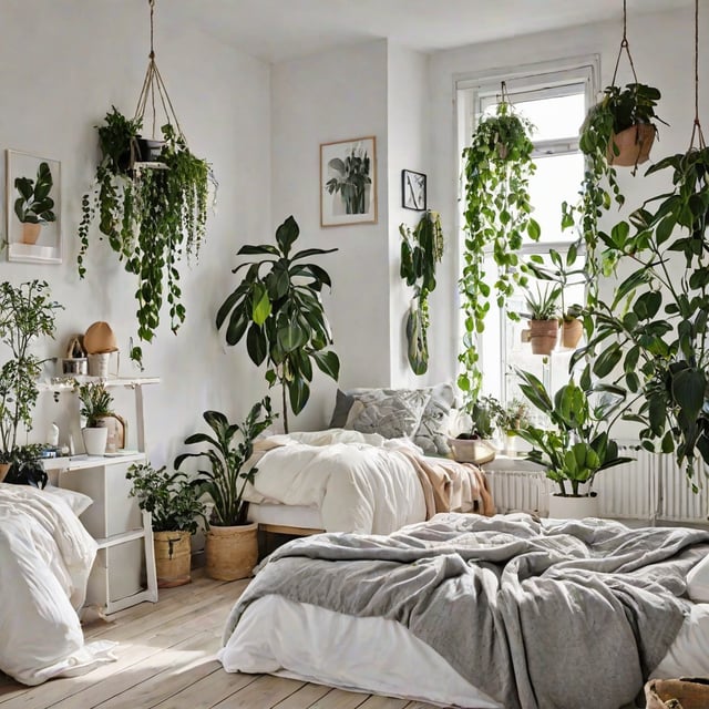 Scandinavian bedroom with a bed, window, and hanging plants