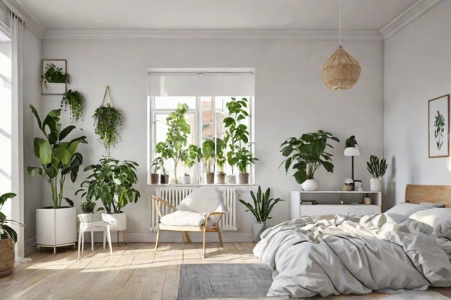 Scandinavian bedroom with a large bed, chair, radiator, and potted plants