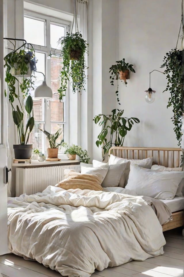 A bedroom with a large bed and several potted plants, featuring a Scandinavian design style.