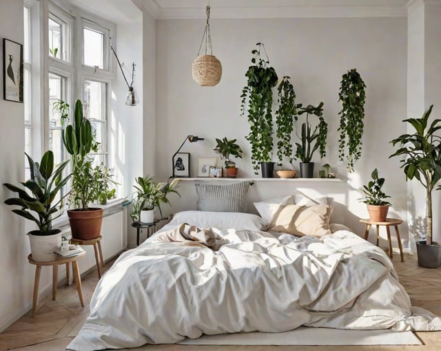 A bedroom with a white bed and many potted plants. The room has a Scandinavian style and is decorated with a hanging light fixture and a wicker basket.